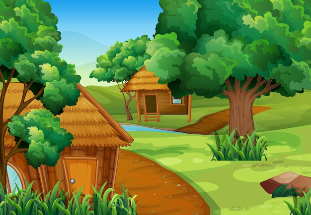 Две деревянные домики в лесу