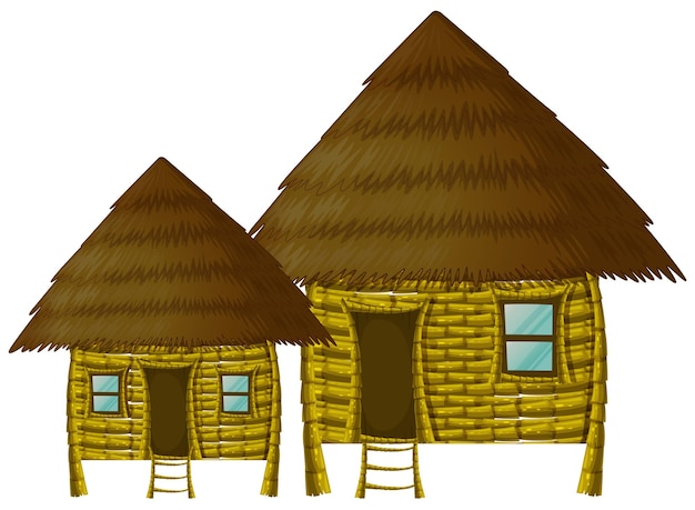 Two wooden huts on white background