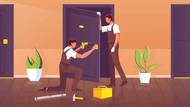 Бесплатное векторное изображение Двое рабочих в униформе с дрелью устанавливают дверь квартиры