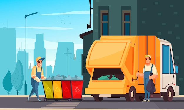 쓰레기 컨테이너에서 쓰레기 트럭 만화 삽화로 쓰레기를 균일하게 적재하는 두 명의 작업자
