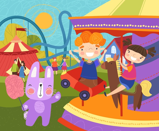 Двое маленьких детей веселятся на ярмарке, катаясь на красочной карусели или карусели, наблюдая за своим домашним кроликом, держащим липкую розовую сахарную вату Premium векторы
