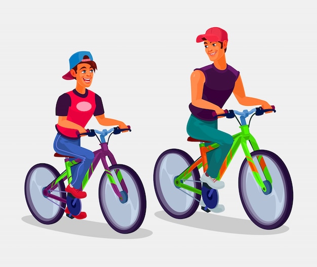 Two young men riding bicycles