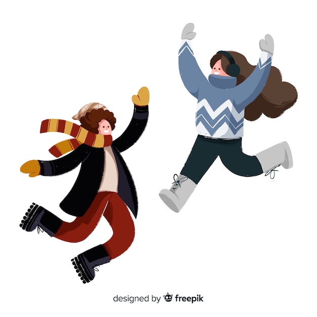 Free vector two young people wearing winter clothes jumping