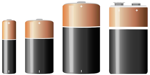 Типы щелочных батарей, изолированные на белом фоне