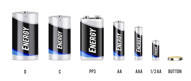 Free vector types of batteries with different size and capacity realistic set isolated on white background vector illustration