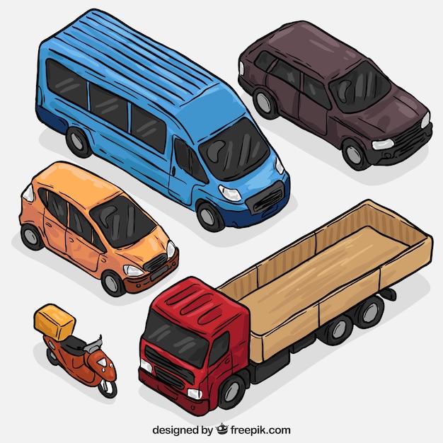 Types set of hand drawn vehicles