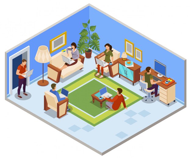 Typical freelance day isometric composition with people sharing working space in apartment cozy living room  