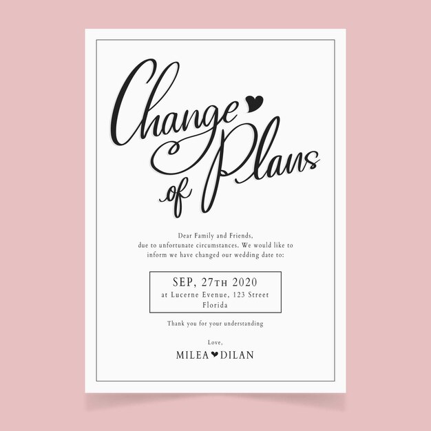 Typographic postponed wedding card