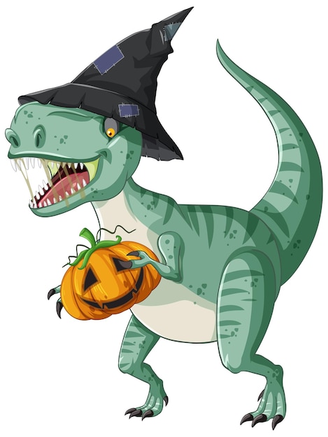 Free vector tyrannosaurus rex dinosaur holding pumpkin in cartoon style