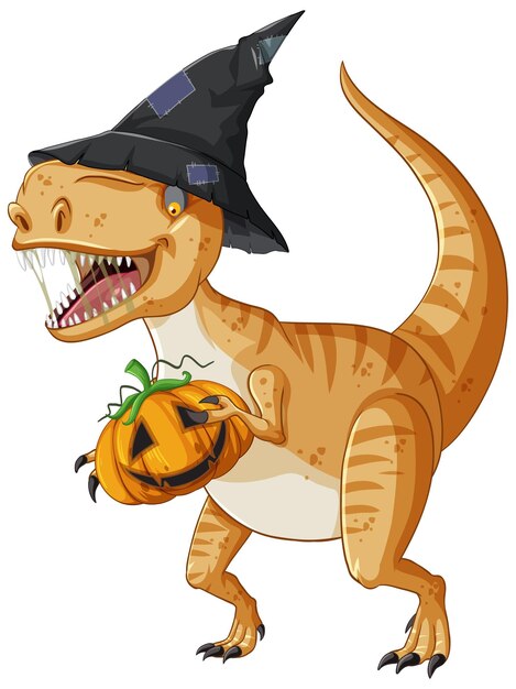 Free vector tyrannosaurus rex dinosaur holding pumpkin in cartoon style