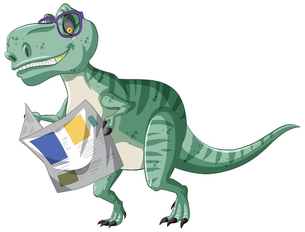 Free vector tyrannosaurus rex dinosaur reading newspaper in cartoon style