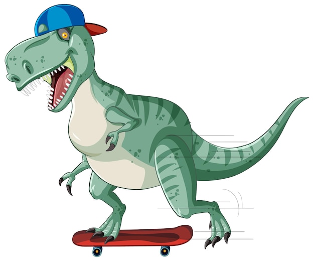 Динозавр тираннозавр рекс на скейтборде в мультяшном стиле