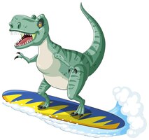 Tyrannosaurus rex dinosaur on surfboard in cartoon style