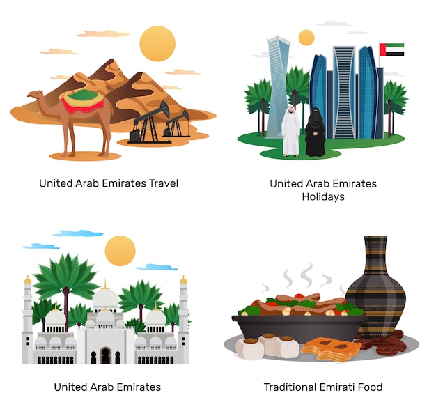 Uae travel 4 flat compositions with traditional food holidays\
sightseeing guide natural monuments architecture isolated\
illustrations
