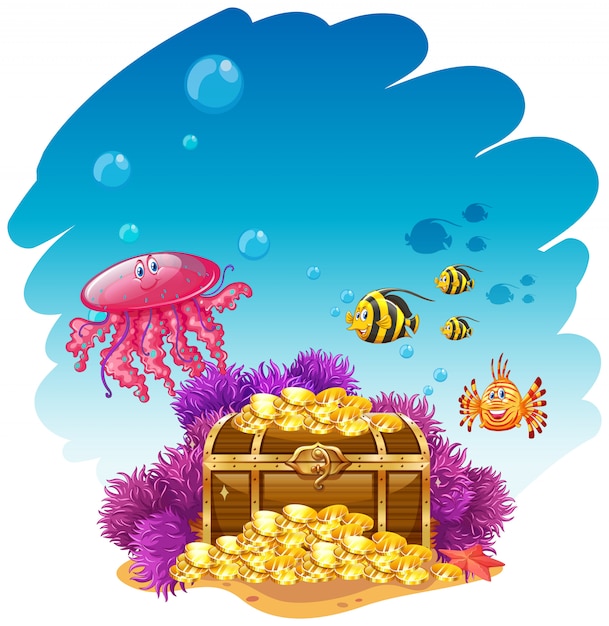 Free vector uderwater scene with treassure box and fish