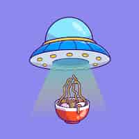 Free vector ufo catching ramen bowl cartoon vector icon illustration science food icon concept isolated premium