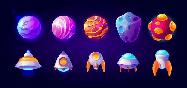 Ufo 우주선과 행성 또는 소행성이 격리 된 로켓. 컬렉션 만화 아이콘 세트
