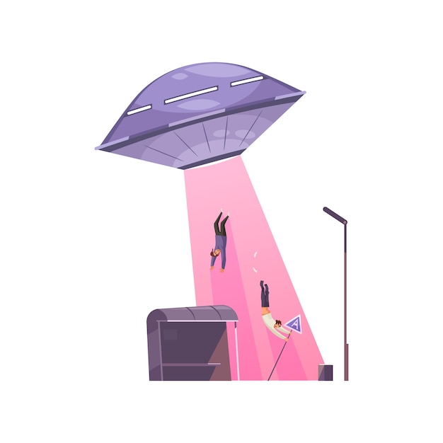 Ufo ubducting scared people with pink ray cartoon