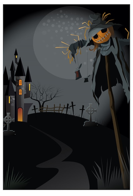 Free vector ugly scarecrow on stick at night illustration