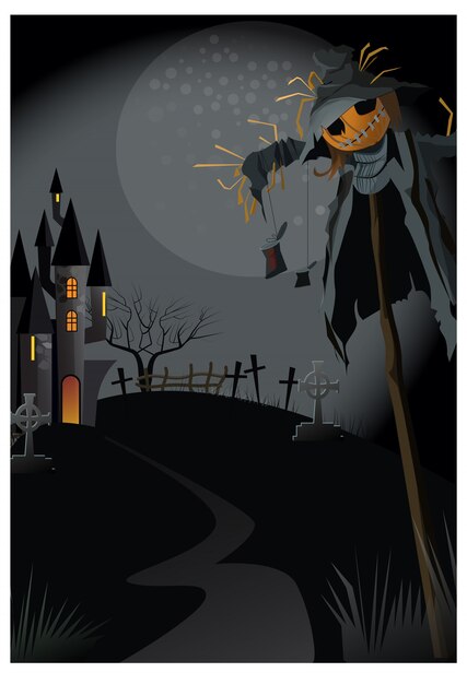 Ugly scarecrow on stick at night illustration