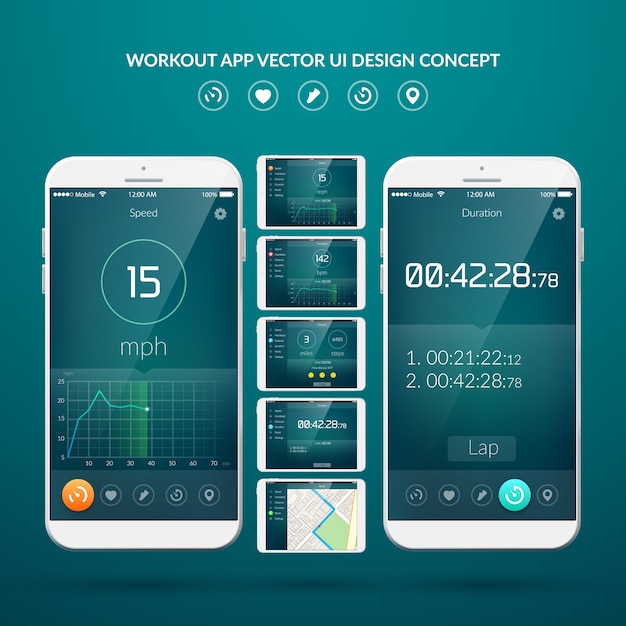 Иллюстрация концепции дизайна пользовательского интерфейса с веб-элементами приложения для тренировок для мобильных и планшетных устройств