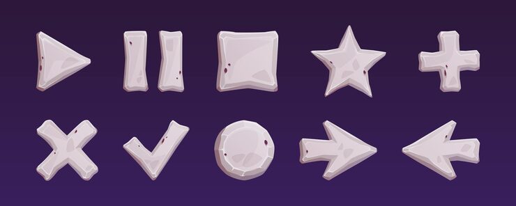 Free Vector ui stone texture game button frame cartoon vector set medieval interface board element kit for mobile app menu with play pause plus cross arrow and check isolated item template collection