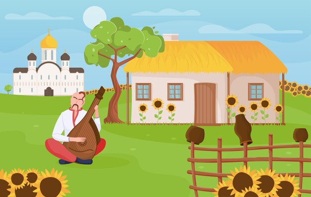 Ukraine rural scenery with house church sunflowers and cossack playing bandura on green lawn flat vector illustration