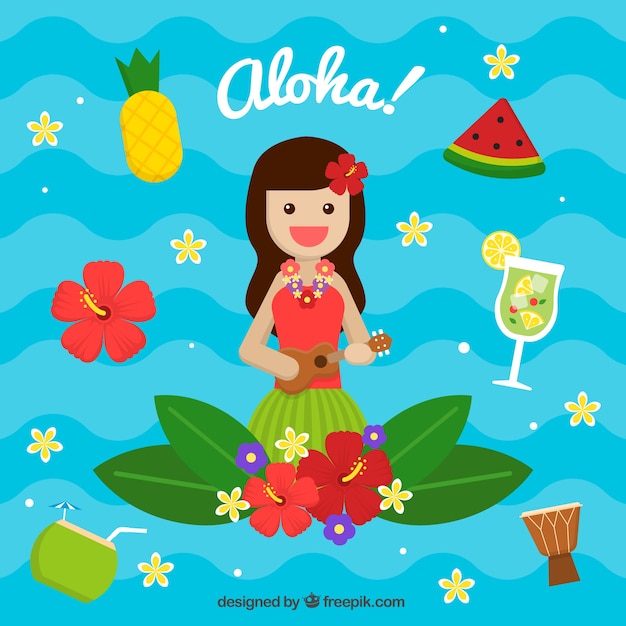 Бесплатное векторное изображение Укулеле девушка aloha фон