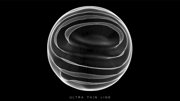 Ultra thin line fluid geometry. Dynamic distorted spheres. Digital fractal 3d swirl. Futuristic sound or data waveform. Chaotic particle wave motion trails.