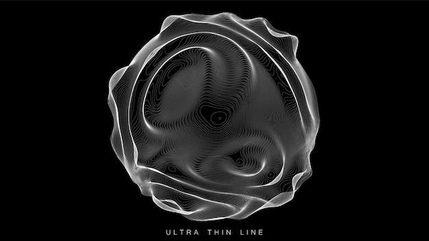 Ultra thin line fluid geometry. dynamic vector distorted spheres. digital fractal 3d swirl. futuristic sound or data waveform. chaotic particle wave motion trails.