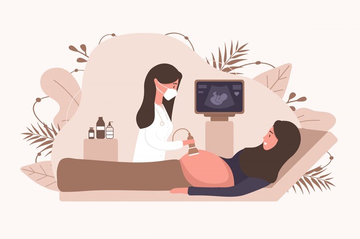  Ultrasound muslim pregnancy screening concept. embryo baby health diagnostic illustration. Premium 