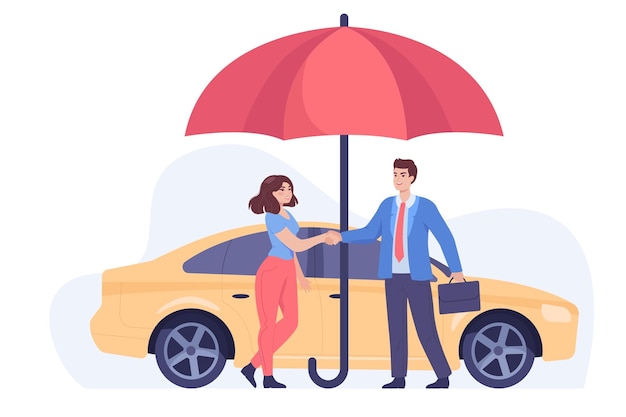 Umbrella covering car and driver getting help with insurance. Broker helping woman with protecting auto against accidents flat vector illustration. Car insurance, rental, security, assistance concept