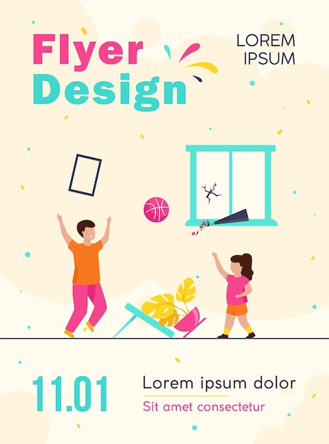 Free vector unattended kids making chaos at home flyer template