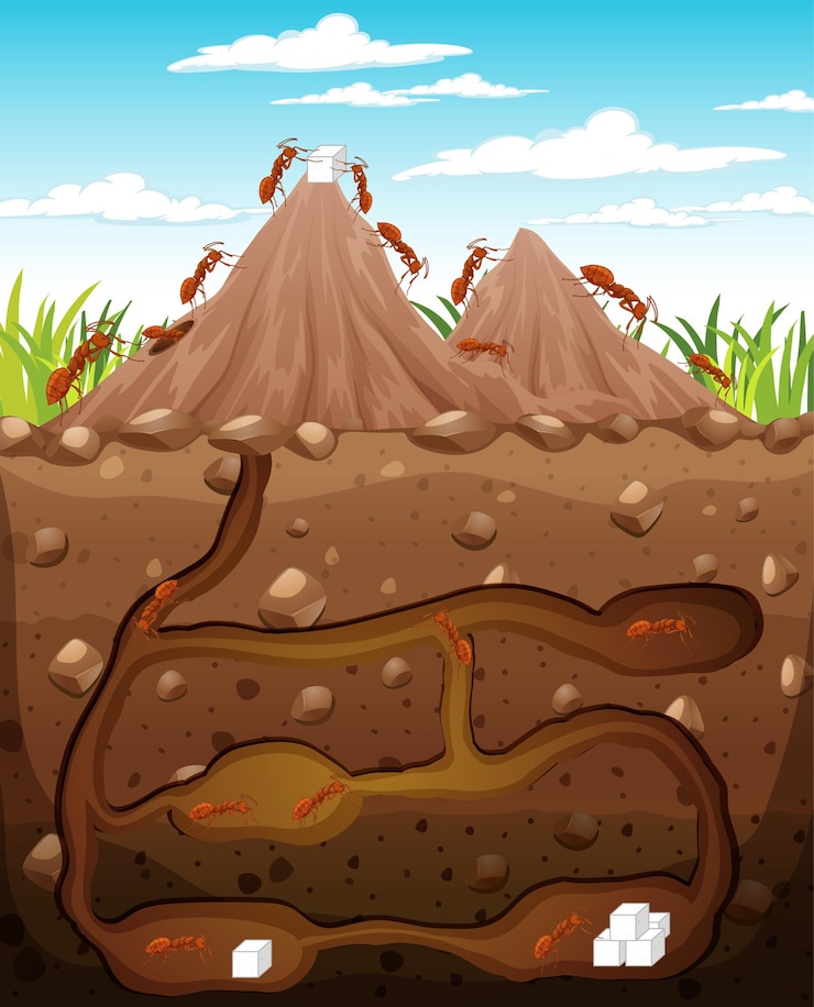 Free Vector underground animal burrow with ant family