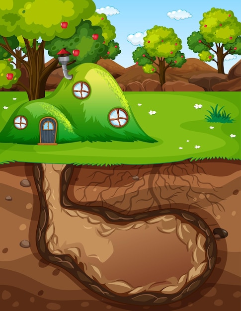 Underground animal hole with ground surface of the garden scene