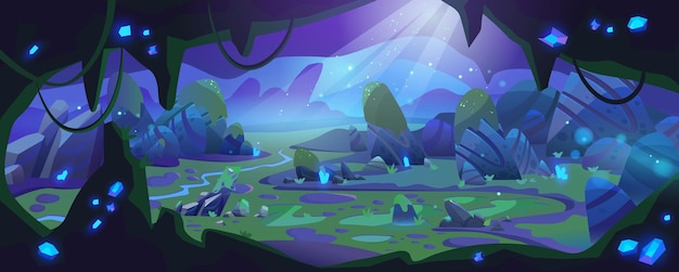 Free vector underground cave with jungle landscape