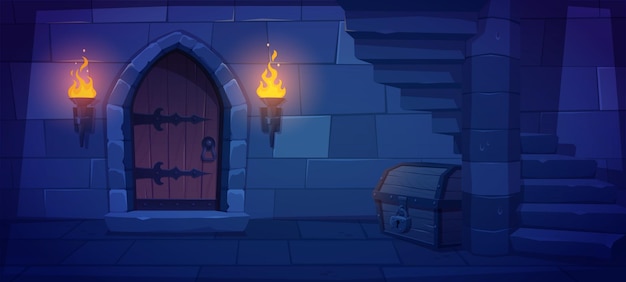 Underground dungeon with wooden door torch fire