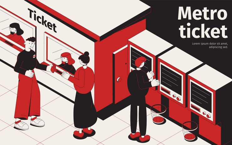 Free Vector underground isometric poster with passengers  buying tickets at ticket office and metro vending machines illustration