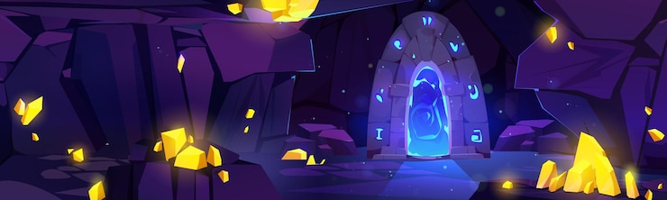 मुफ़्त वेक्टर underground mine cave game cartoon illustration dark mountain cavern inside with yellow crystal and portal door fantasy dungeon tunnel with mysterious entrance to parallel place 2d level scene