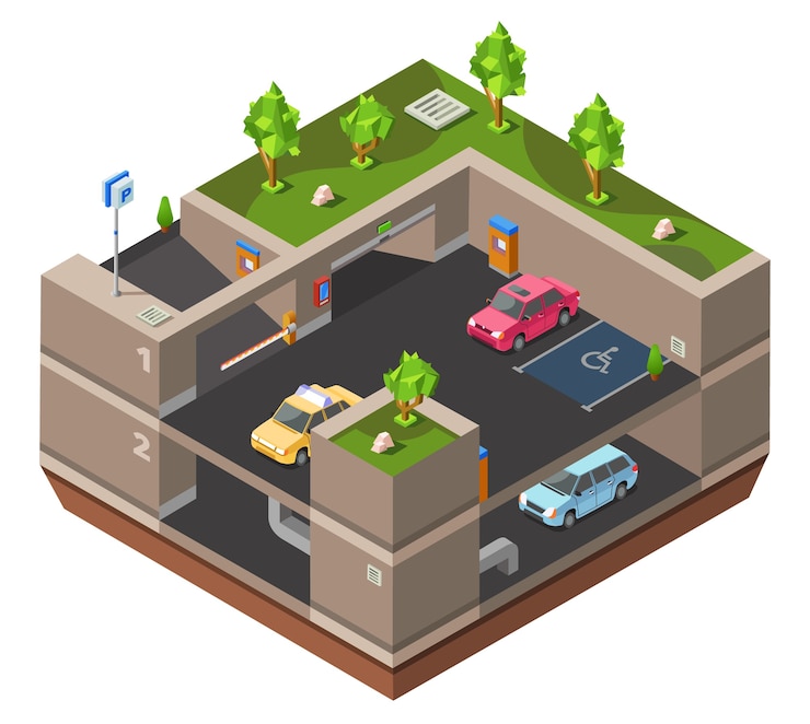 Free Vector underground multi-story car parking isometric 3d for construction