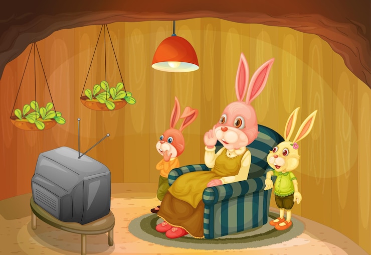 Free Vector underground room scene with rabbit family cartoon character