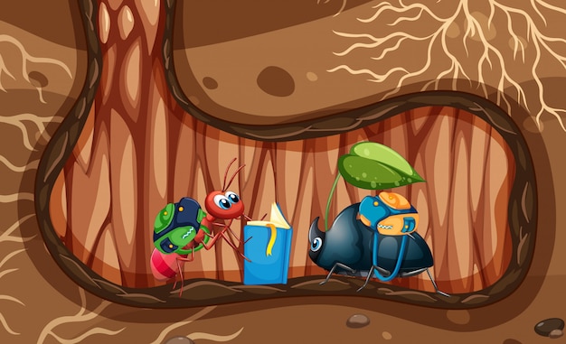 Free vector underground scene with ant and beetle in the hole