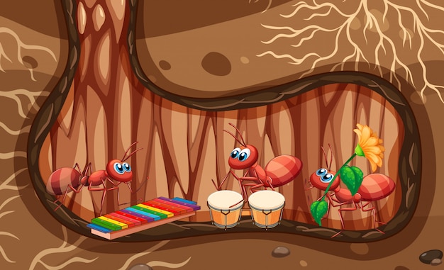 Underground scene with ants playing music in the hole