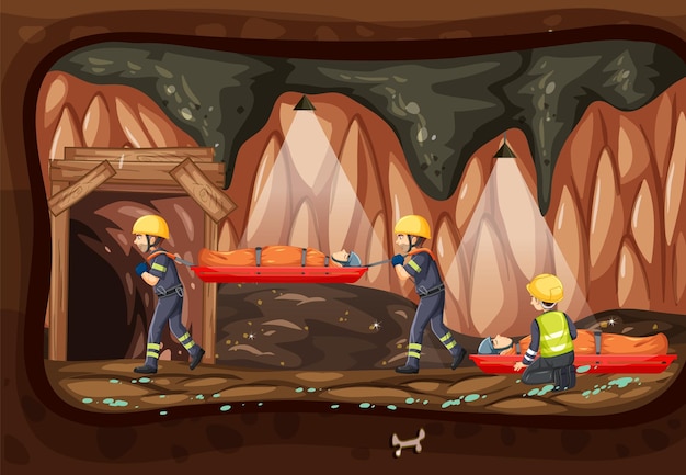 Подземная сцена со спасением пожарных в мультяшном стиле