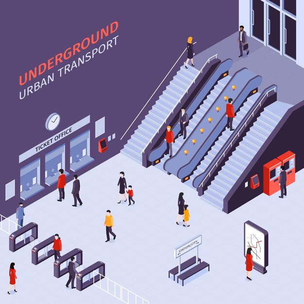 Underground urban transportation with escalators turnstile gates passengers illustration