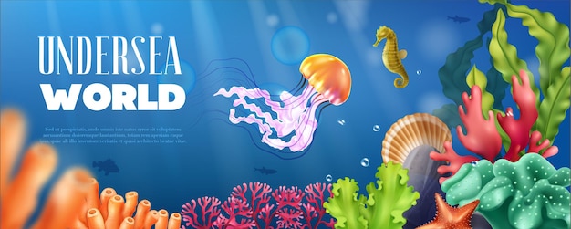 Бесплатное векторное изображение Горизонтальный плакат подводного мира, украшенный красочными мультяшными изображениями морских существ, реалистичные векторные иллюстрации