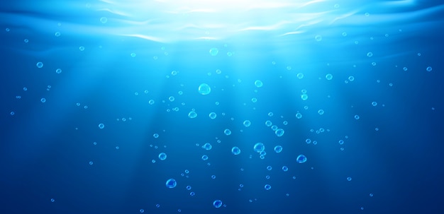 Underwater background, water surface, ocean, sea, swimming pool transparent aqua texture with air bubbles, ripples and sun rays falling, template for advertising. Realistic 3d illustration