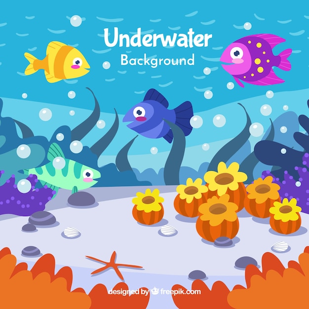 Underwater background with caricatures of aquatic animals