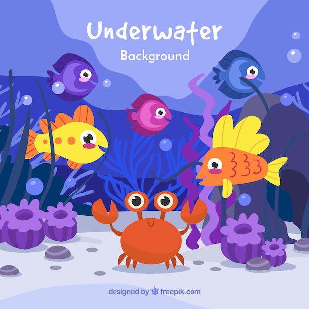 Free vector underwater background with caricatures of aquatic animals