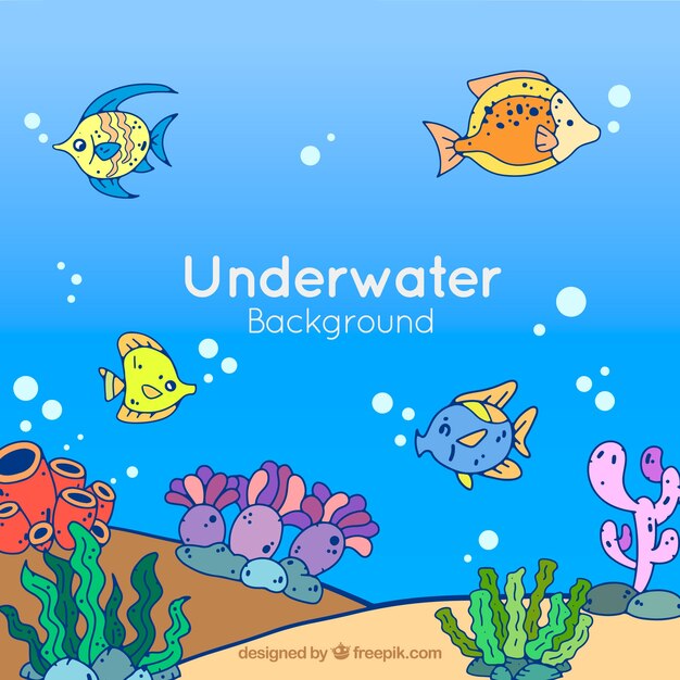 Underwater background with caricatures of aquatic animals